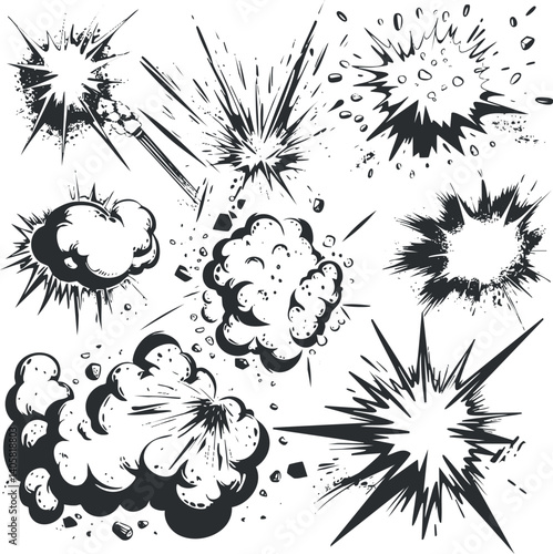 A collection of dynamic explosion graphics featuring bursts and smoke effects in a comic style.