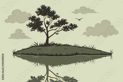 10 Surreal reflection, tiny planet, floating island, single tree sapling, mirror image, water surface, cloudy sky, symmetry, minimalist landscape, green foliage sphere, nature concept, environmental m