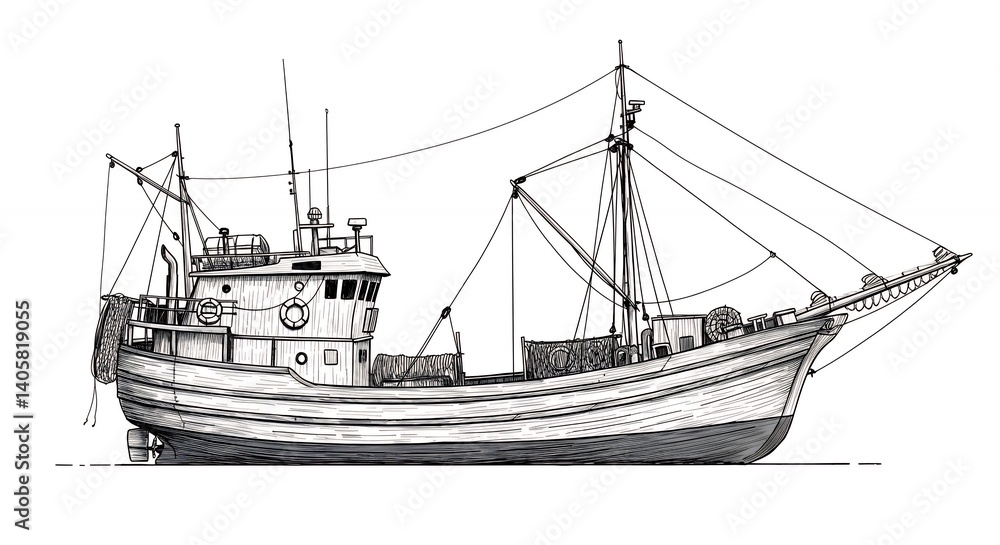Naklejka premium Detailed fishing boat drawing side view illustration