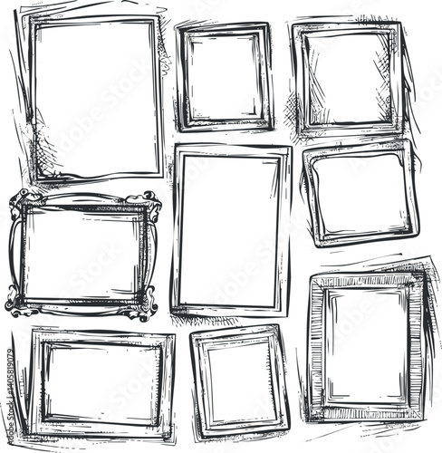 A collection of hand-drawn decorative frames in various shapes and sizes for artistic design.