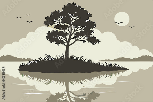 10 Surreal reflection, tiny planet, floating island, single tree sapling, mirror image, water surface, cloudy sky, symmetry, minimalist landscape, green foliage sphere, nature concept, environmental m