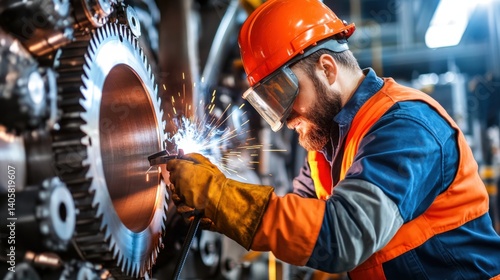 A cinematic welding scene featuring a welder repairing heavy machinery, surrounded by thick metal components, with copy space