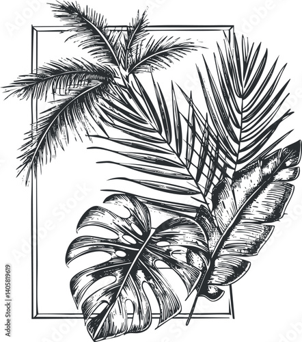 Black and white illustration of tropical leaves arranged in a decorative frame.