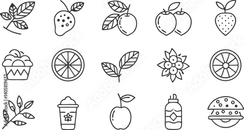 Food Icons Fruits, Drinks, Desserts, and Leaves Line Art