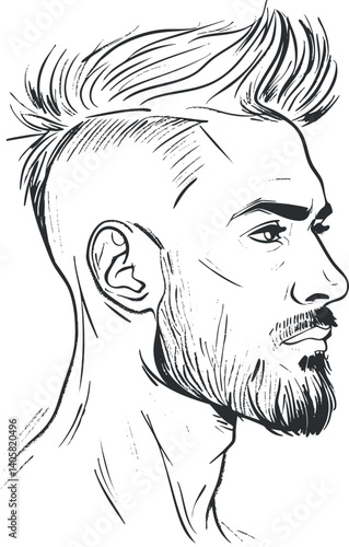 Stylized profile sketch of a man showcasing a trendy haircut and beard.