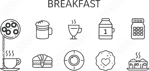 Breakfast Food Icons Coffee, Milk, Pancakes, Cookies, Cereal