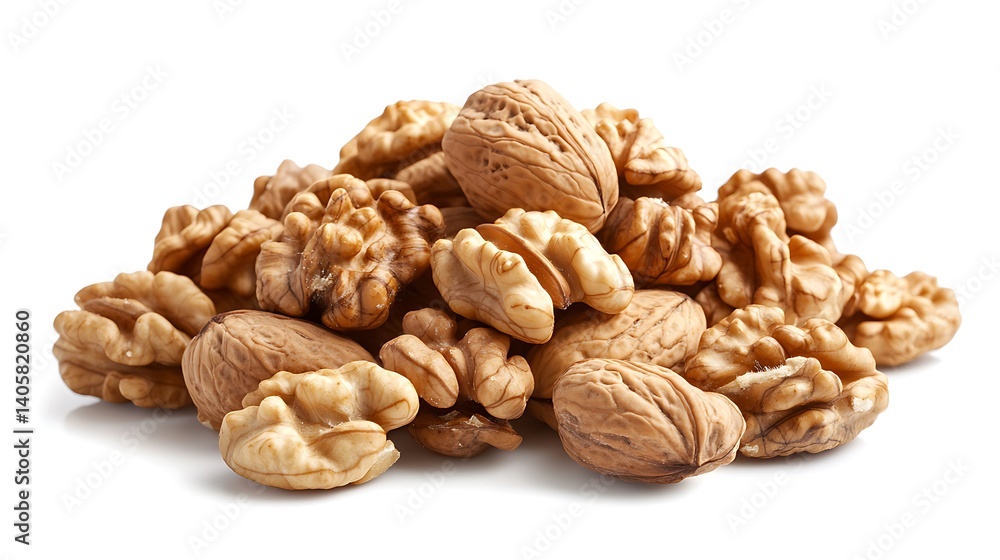 Pile of Walnuts with Shells and Kernels on White Background for Nutrition Theme Pile of Walnuts with Shells and Kernels on White Background for Nutrition Theme