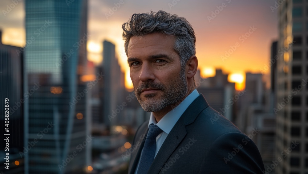 A businessman wearing a suit and tie poses against a backdrop of skyscrapers during sunset. The scene conveys themes of success and corporate achievement with a softly blurred cityscape A businessman wearing a suit and tie poses against a backdrop of skyscrapers during sunset. The scene conveys themes of success and corporate achievement with a softly blurred cityscape