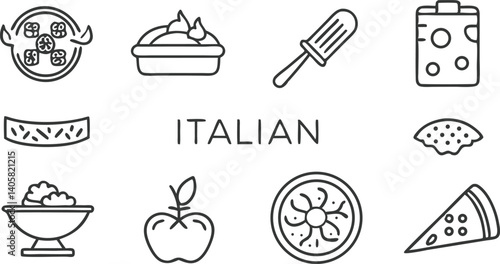 Italian Cuisine Icons Pizza, Pasta, Apple, Cheese, and More