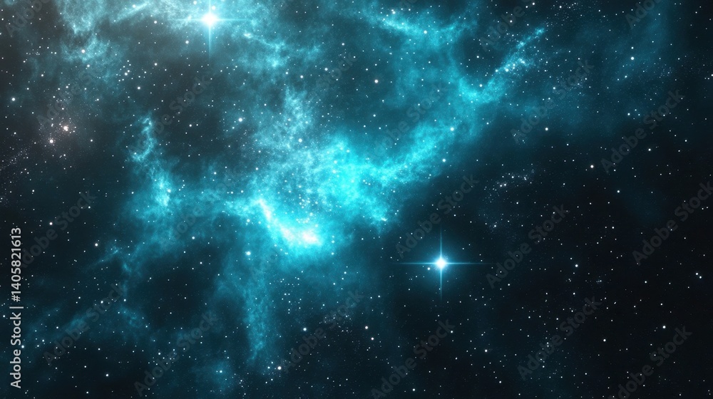 Fototapeta premium Breathtaking cosmic scene with glowing blue nebula in dark space and bright stars shining in the universe.