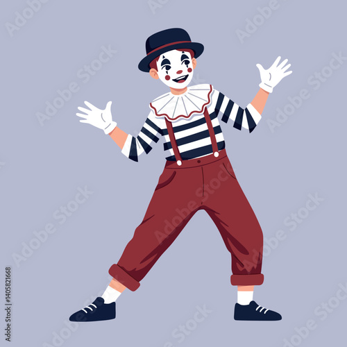 Playful mime performer in striped shirt and red suspenders showcasing joyful expression in flat vector art