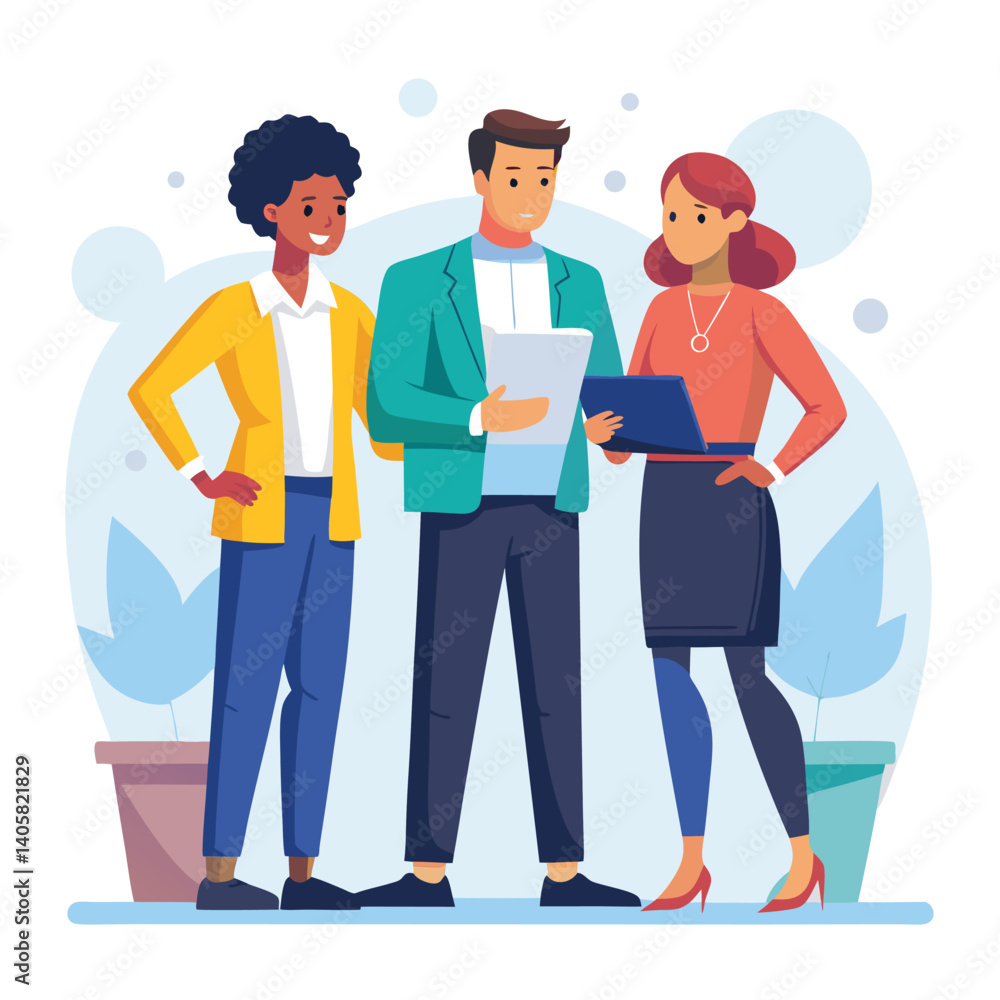 three-diverse-business-partners-standing-and-discus vector image on white background three-diverse-business-partners-standing-and-discus vector image on white background