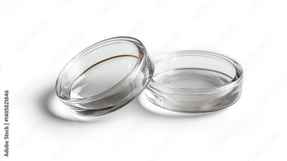 Clear glass Petri dishes, two, overlapping, isolated on white background Clear glass Petri dishes, two, overlapping, isolated on white background