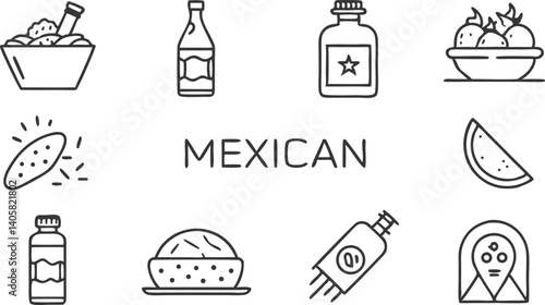 Mexican Food Icons Cuisine, Drinks, and Ingredients Illustrations