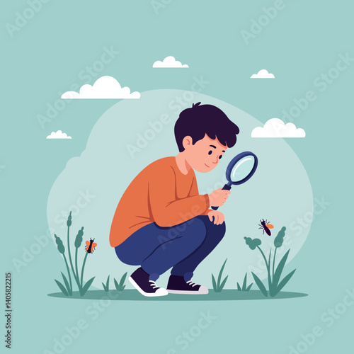 A curious boy examining flowers with a magnifying glass in a playful, flat design vector illustration showcasing nature and discovery in a cheerful atmosphere