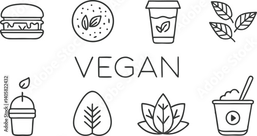 Vegan Food Icons Burger, Smoothie, Yogurt, Leaves, PlantBased