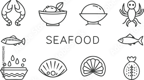 Seafood Icons Shrimp, Fish, Clams, Crab, Shellfish Dishes