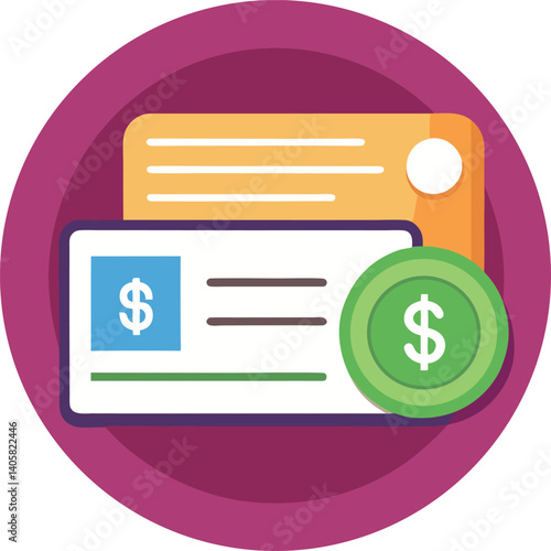 Illustration of a pay Check With a Dollar Coin in Flat Icon Style