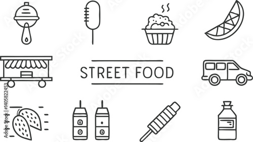 Delicious Street Food Cart Icons Snacks, Drinks, and Van