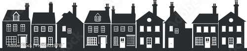 A silhouette illustration of various houses showcasing diverse architectural styles in a row.