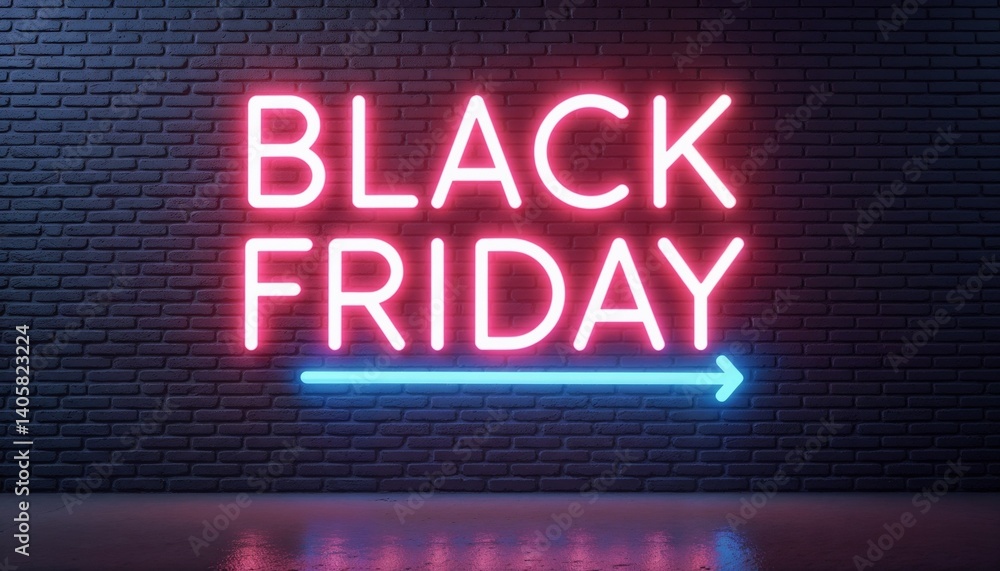 Obraz premium Pink blue neon Black Friday sign illuminated indicating direction against brick wall