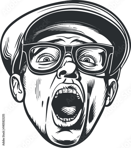A vintage illustration of a man shouting with excitement, wearing glasses and a hat.