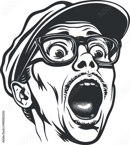 A vintage illustration of a man with glasses shouting in surprise or excitement.