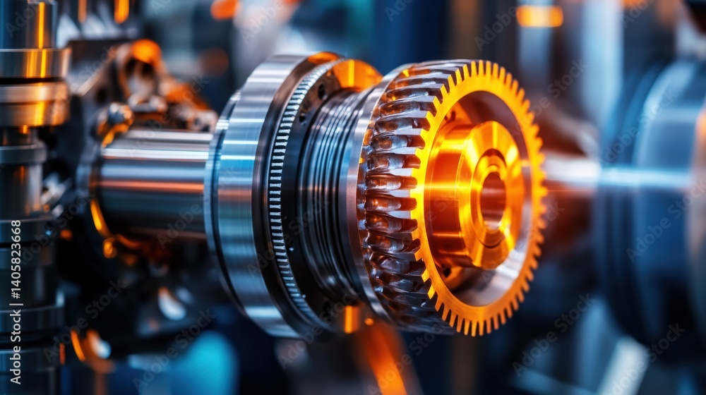 A high-resolution macro shot of a lubricated steel gear rotating in a powerful turbine system, with copy space