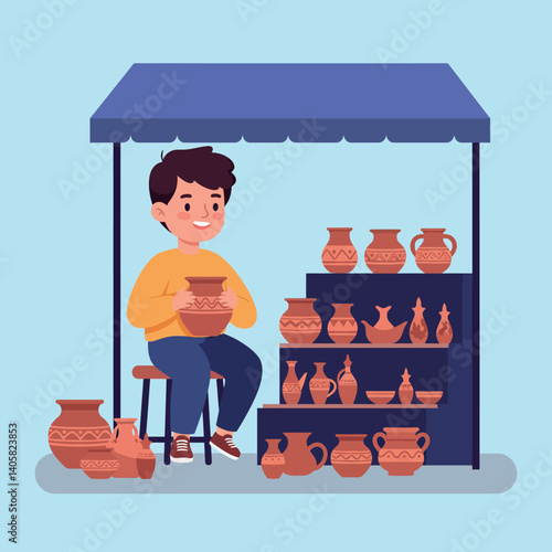 Young boy shaping clay pottery at a vibrant market stall, showcasing detailed craftsmanship in flat vector art