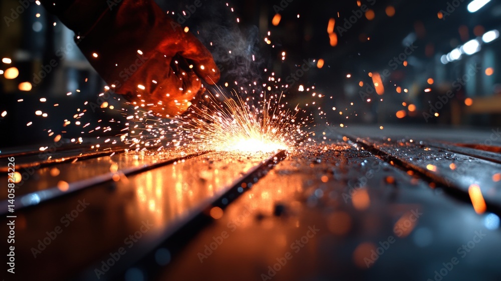 A high-speed capture of welding sparks flying as a technician fuses a steel frame in a workshop, with copy space