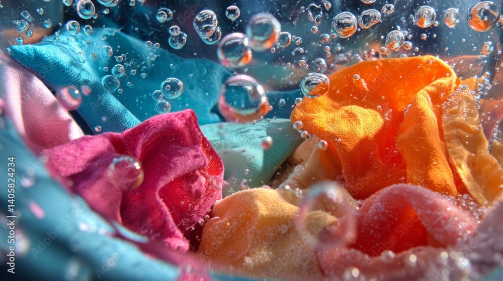 Close-up of vibrant fabrics tumbling in a washing machine, surrounded by bubbles and splashes of water. The bright colors contrast with the blue interior, creating an energetic atmosphere