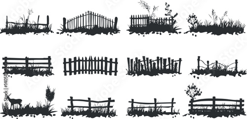 A collection of decorative fence silhouettes with grass and wildlife elements for nature-themed design.
