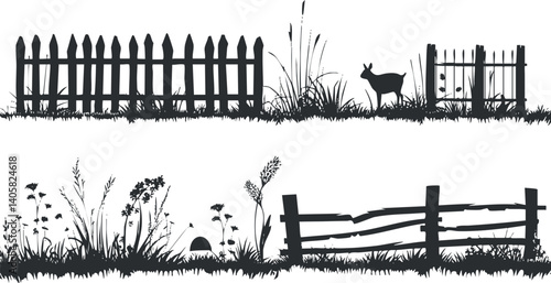 Silhouette of fences and deer among wild grass and plants in a natural landscape.