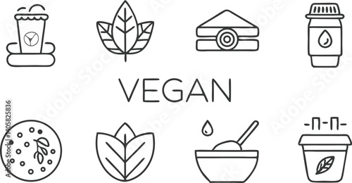 Vegan Food Icons Drinks, Leaves, Sandwich, Bowl, and More