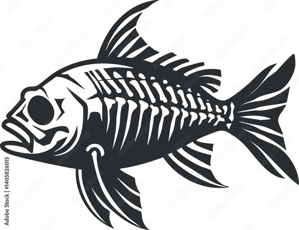 Stylized black and white illustration of a fish showcasing its skeletal structure and fins