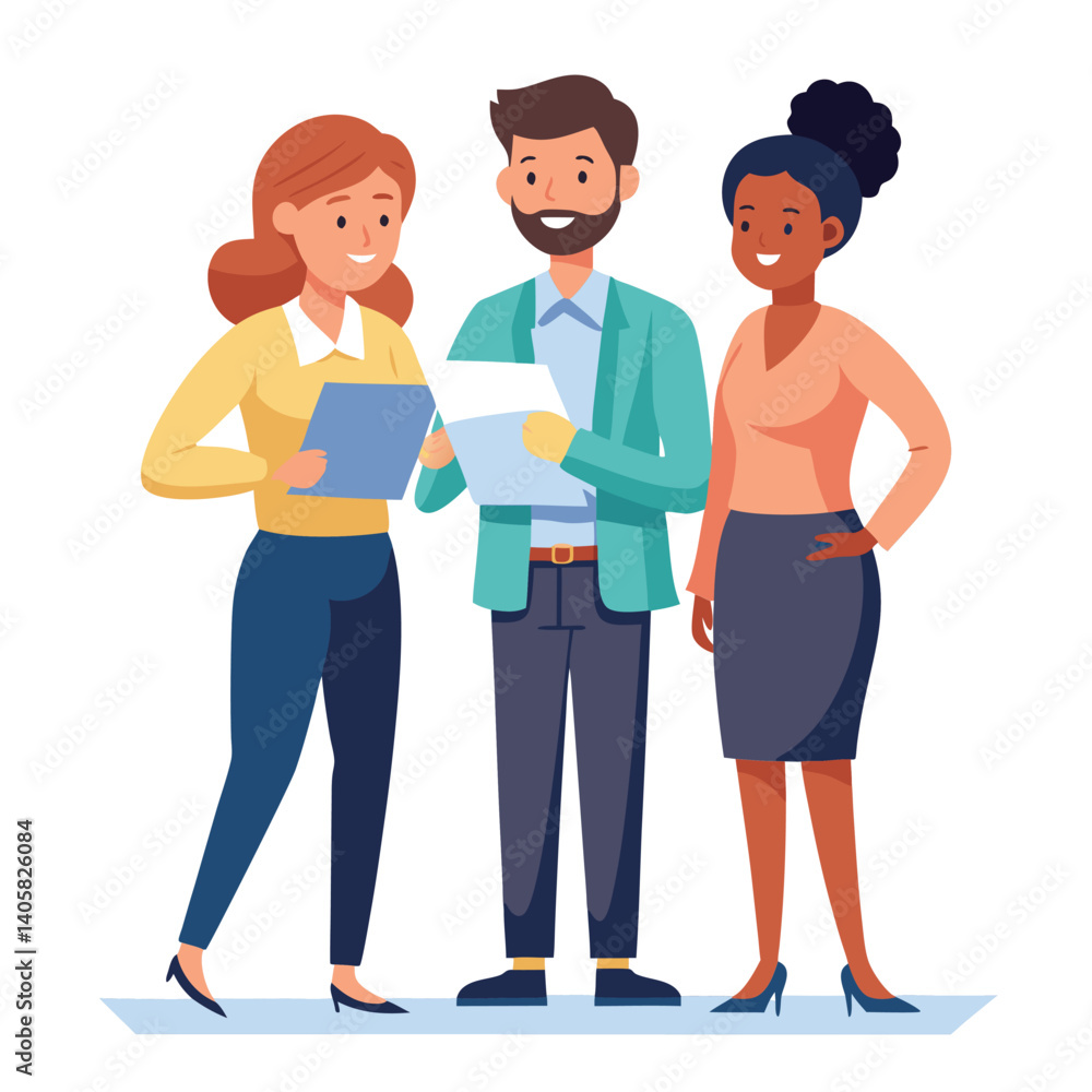Obraz premium three-diverse-business-partners-standing-and-discus vector image on white background