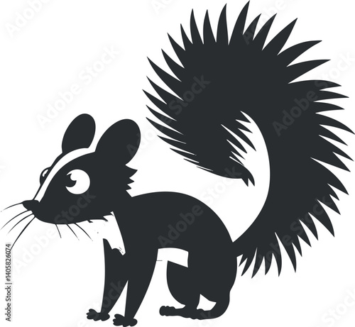 A playful black and white illustration of a cute squirrel with a bushy tail.