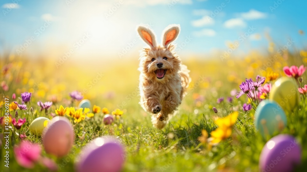 A joyful puppy wearing bunny ears dashes through a vibrant meadow brimming with blossoms and pastel-colored Easter eggs under a bright blue sky