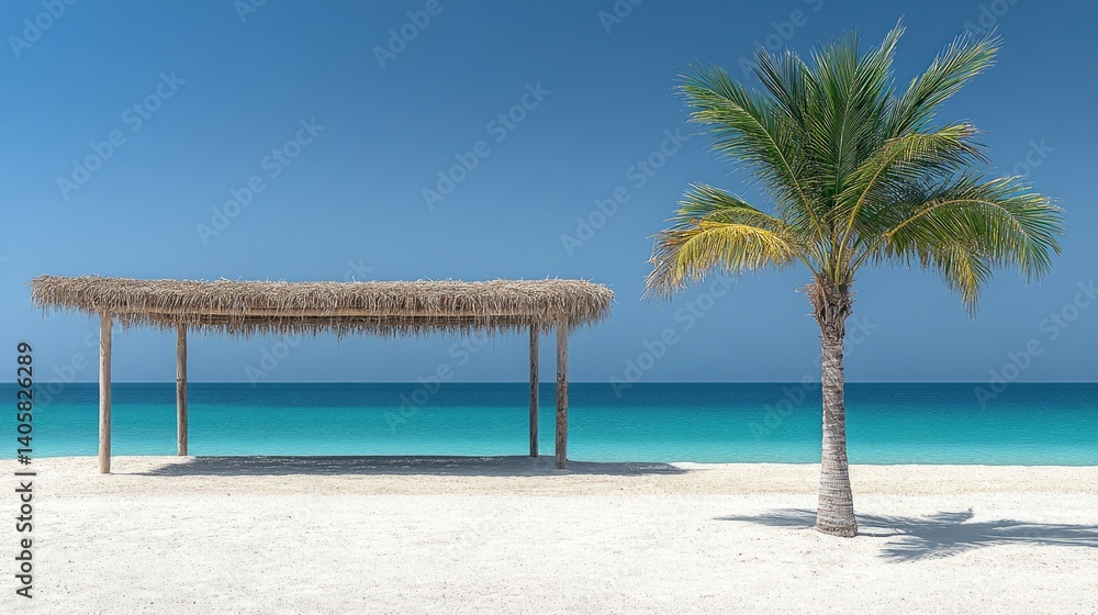 Fototapeta premium Beautiful beach view with azure water, a cabana, and a palm tree on bright sunny day