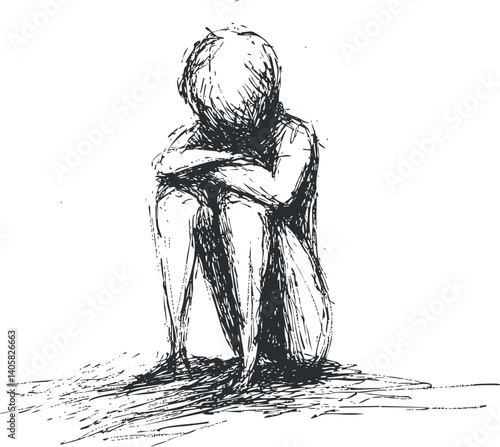 A poignant sketch illustrating a child in a moment of sadness and contemplation.