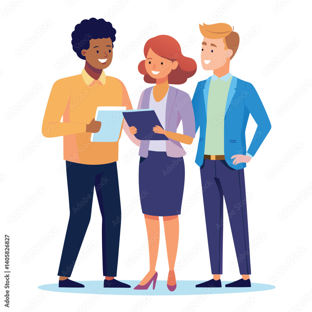 Fototapeta premium three-diverse-business-partners-standing-and-discus vector image on white background