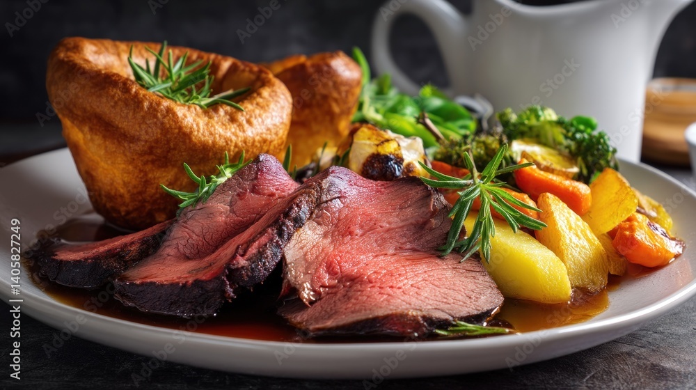 Juicy roast beef slices served on white plate with Yorkshire pudding, roasted vegetables and herbs. Mouth-watering sunday dinner with delicious gravy.