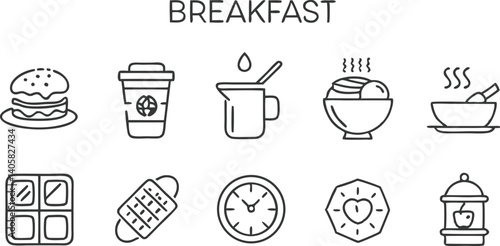 Breakfast Icons Food, Drink, Time, and Morning Meal Preparation