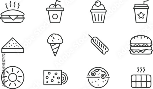 Fast Food Icons Burgers, Sandwiches, Ice Cream, Drinks, Snacks