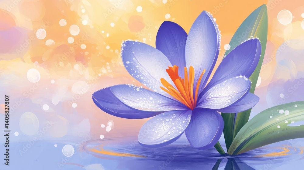 Delicate purple crocus flower resting on water, soft pastel colors, sparkling bokeh Delicate purple crocus flower resting on water, soft pastel colors, sparkling bokeh