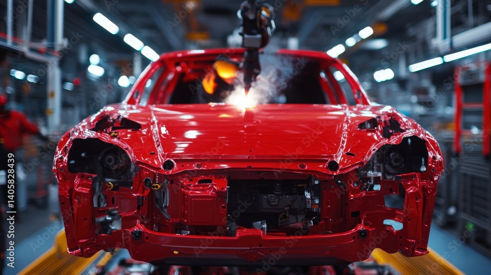 A welder in an automotive factory, carefully fusing metal parts for a new vehicle assembly line, with copy space