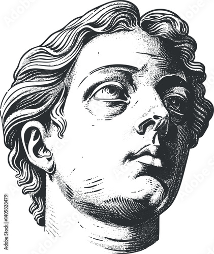 A detailed black and white illustration of a classical sculpture bust depicting a male figure.