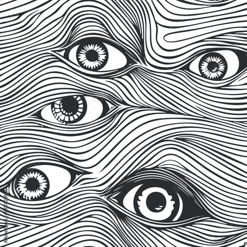 An abstract black and white illustration featuring multiple stylized eyes amidst flowing lines.