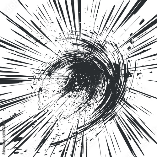 Abstract black and white design featuring dynamic lines and splashes conveying energy and motion.