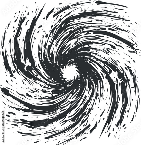 A dynamic black and white swirl design creating an abstract vortex effect.